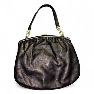 Vintage 1950s Ingeborg Black Leather Frame Handbag Gold Hardware Mid Century